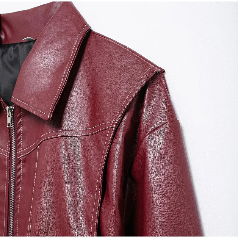 Women's Artificial Leather Short Jacket Retro Red Linen Coat Spliced Zipper Jacket Autumn Women's Lapel Pocket Street Sportswear
