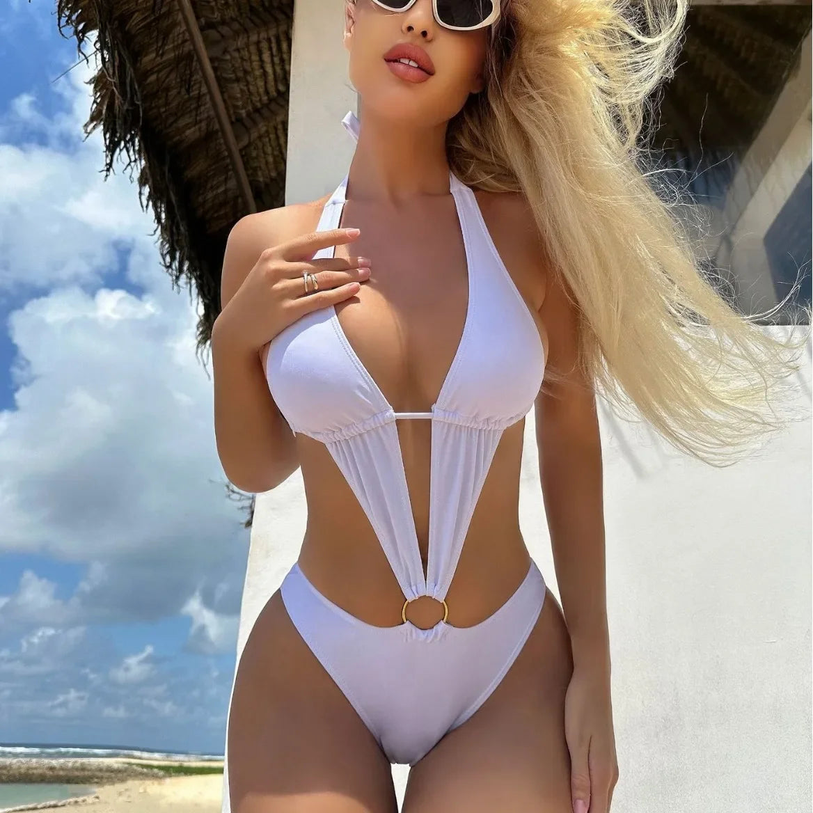Sexy Hollow out One Piece Pure Color Two Piece Set Swimsuit Bikini Cross Border Sports And Fitness Clothing Accessories