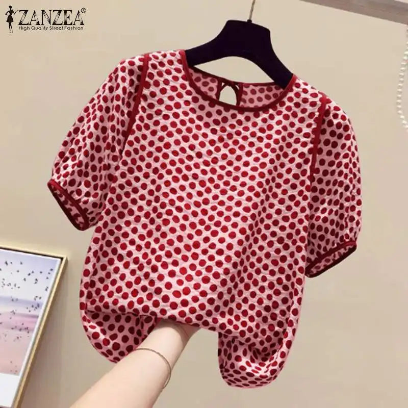 ZANZEA Casual Loose Women Blusas Mujer 2024 Summer Stylish Tied Back O Neck Puff Sleeve Tunic Tops Polka Dot Elegant Blouses