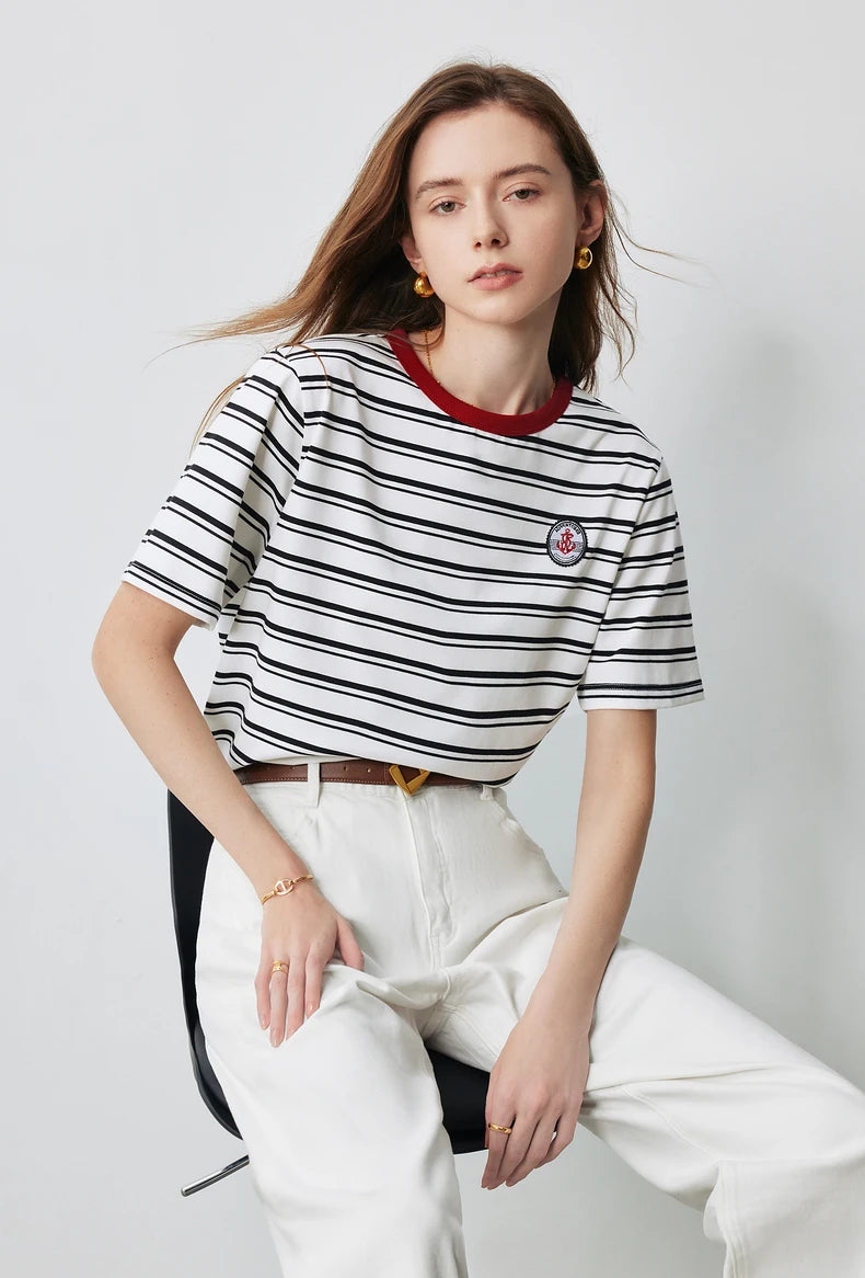 TOYOUTH Women Striped Short Sleeved T-shirt 2024 Summer New Academy Style Round Neck Top