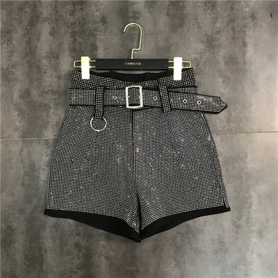 Women Black Rhinestone Belt Shorts New Arrivals High Waist Fashion Temperament summer Autumn Female Streetwear Short Ropa Mujer