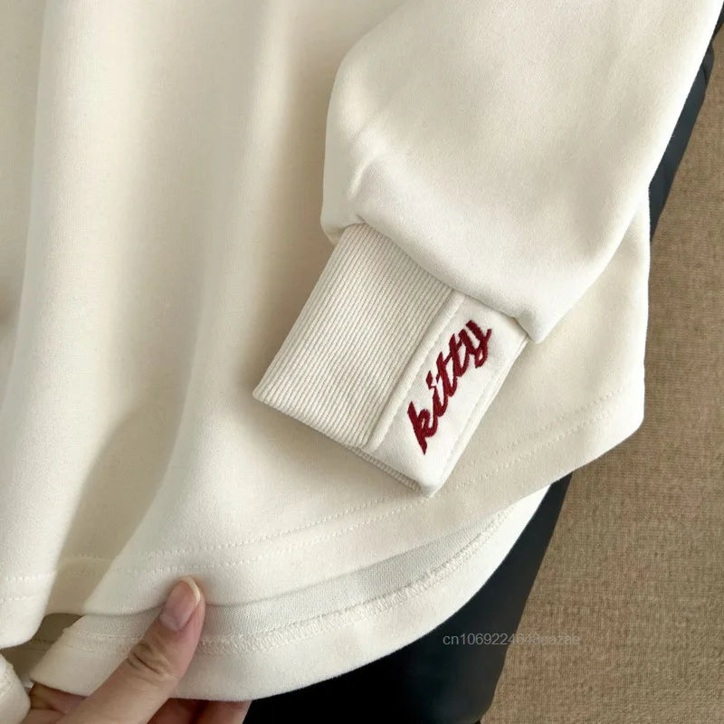 Sanrio Hello Kitty 2025 Spring New Polo Hoodie Women Korean Version Trend Casual Top Y2K Sweet Girl College Style Loose Pullover