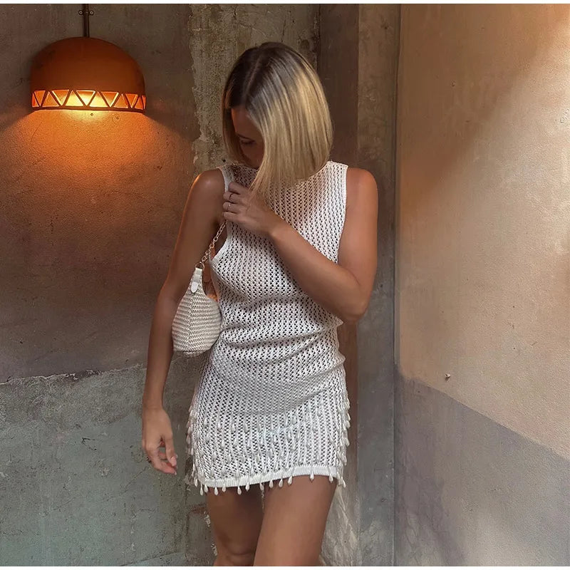 Sexy Backless Pearl Tassel Mini Dress Women Chic Street Knitted Hollow Out Lace Up Slim Short Dresses Lady Spring Beach Party