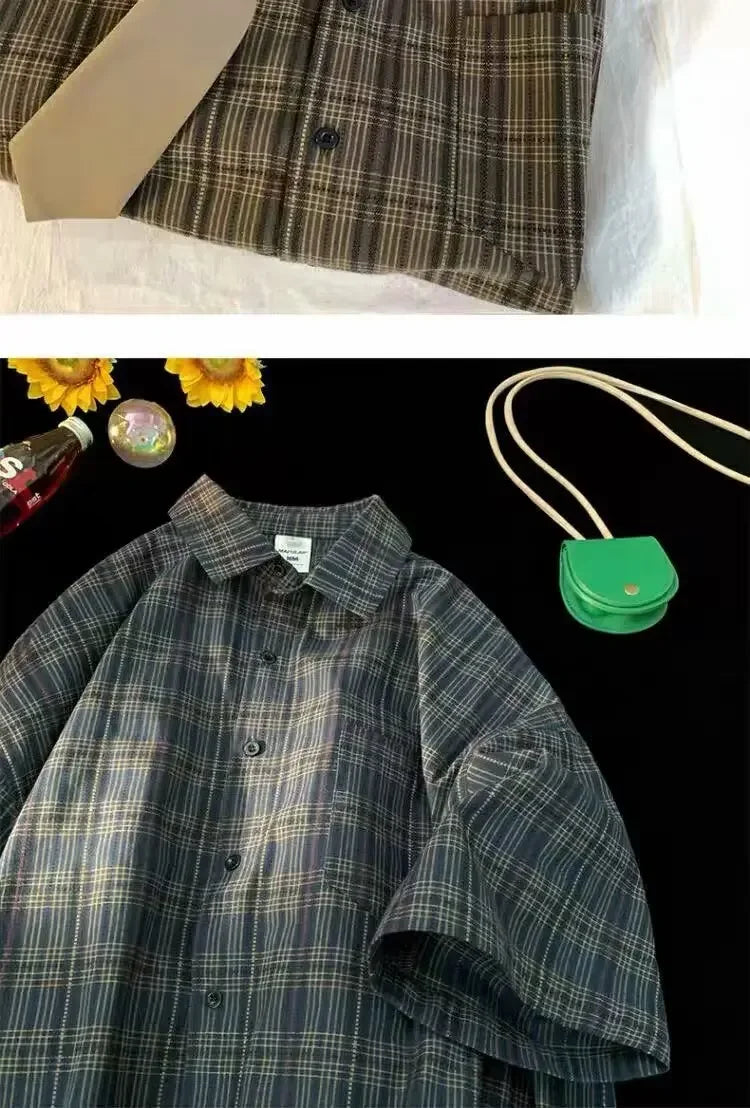 Japanese Vintage Plaid Short Sleeve Shirt Men's Streetwear Loose Fit High-end Feel Casual Stylish Versatile Half Sleeve Jacket