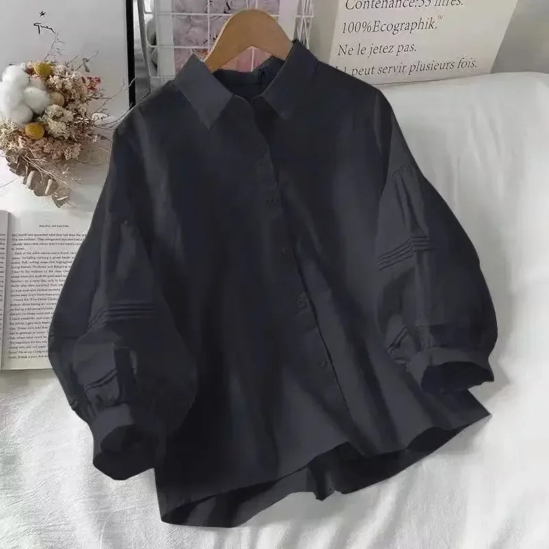 2024 Puff Sleeve Shirts Women White Turn Down Collar Preppy Sense of Design Chic Female Tops Korean Fashion Simple Summer Blouse