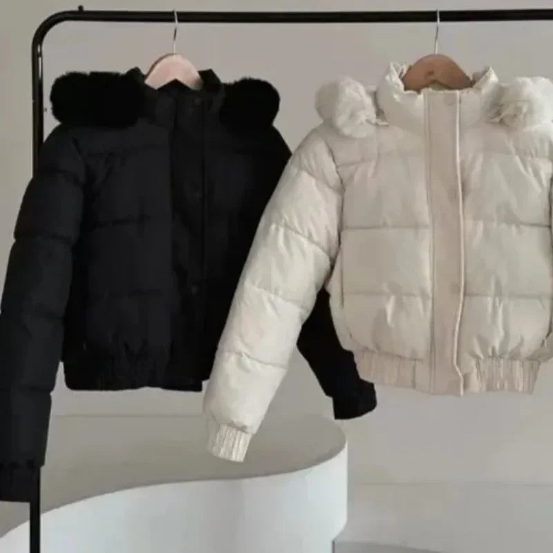 South korea Chic Autumn and Winter Fur Collar Hood Short down Coat Women Fashion Thick Warm Fleece-lined Cotton-padded jacket...