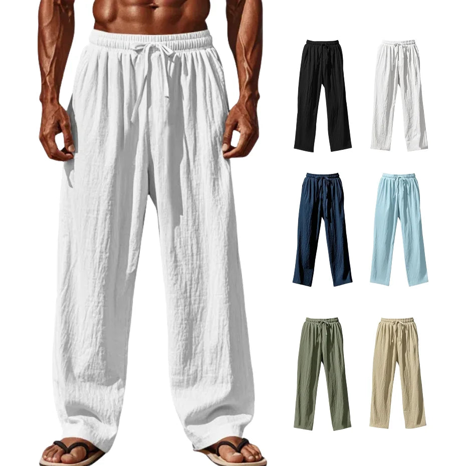 2025 New Men's Cotton and Linen Casual Pants Simple and Comfortable Straight Leg Pants Waist Drawstring Plus Size Looser