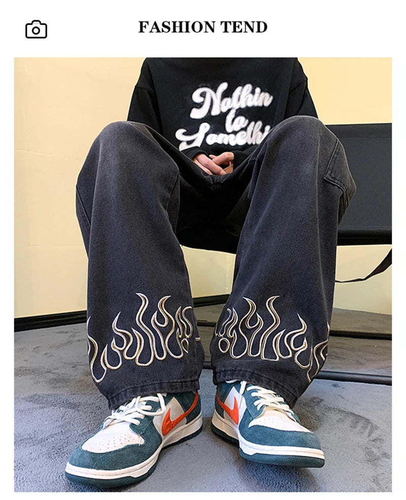 Y2K Vintage Flame Printed Jeans For Men Baggy Streetwear Wide Leg Denim Trousers 2024 New Hip Hop Fashion Straight Pantalones