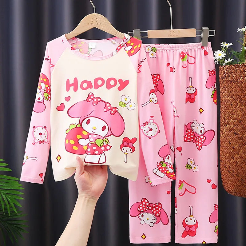 Sanrio Kuromi My Melody Children Pajamas Kawaii Pochacco Cinnamoroll Pure Cotton Long Sleeve Sleepwear Cartoon Kid Home Suit Set