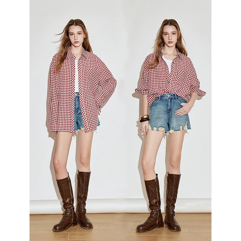 TOYOUTH Women Long Sleeve Blouse Shirt 2025 Spring New Cotton Plaid Retro Turn Down Collar Casual Shirt Tops