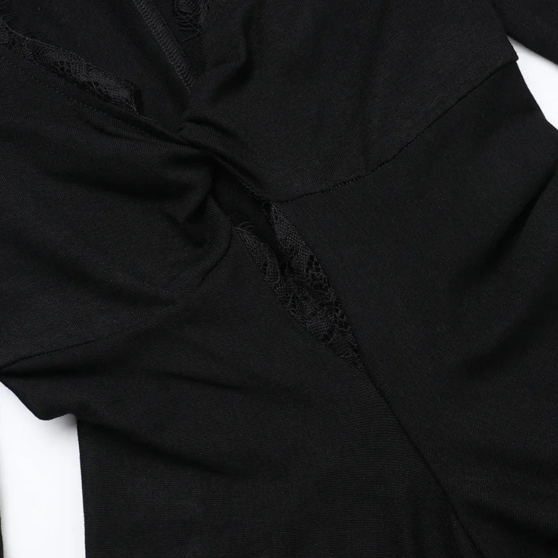 AltGoth Fairycore Grunge Elegant Midi Dress Women Mall Gothic Sexy Lace Patchwork Hollow Out Long Sleeve High Waist Corset Dress