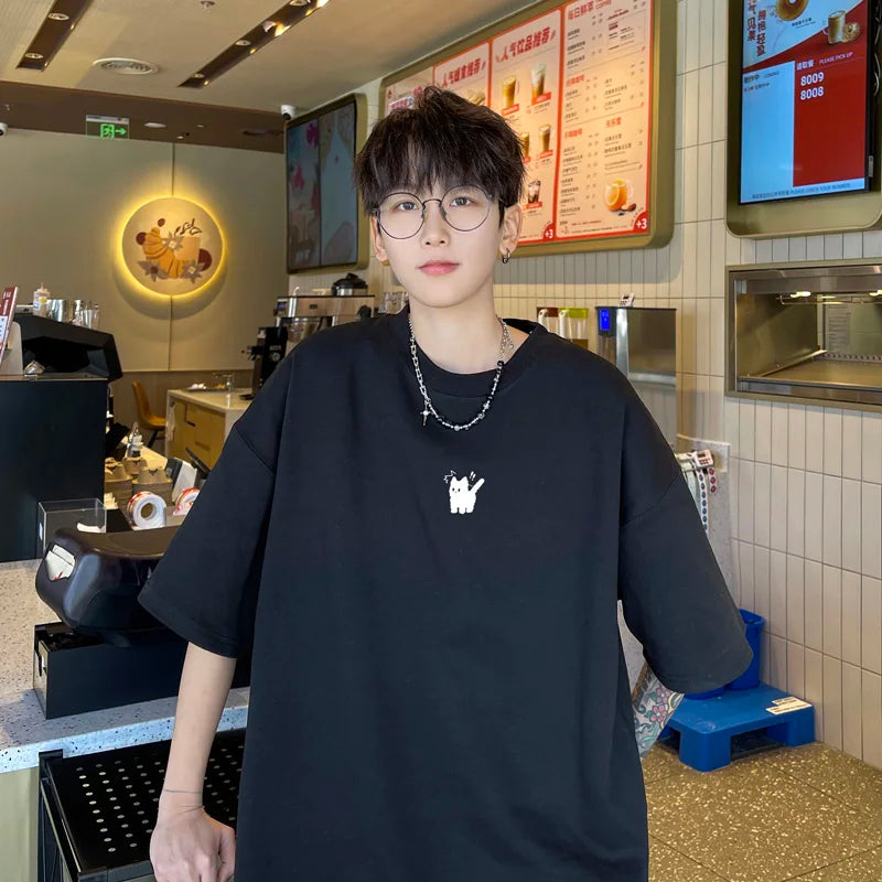 Men's Oversized T-shirts Fashion 5XL White Cotton T Shirt for Men Casual Summer Wear Funny Cat Print Tee Shirts Men Clothing