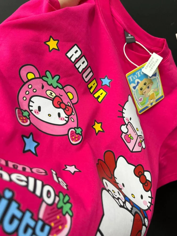 Sanrio Hello Kitty New Clothes Rose Red Fashion Short Sleeve T-shirts Y2k Summer Cotton Loose Tees Women Korean Style Sweet Tops