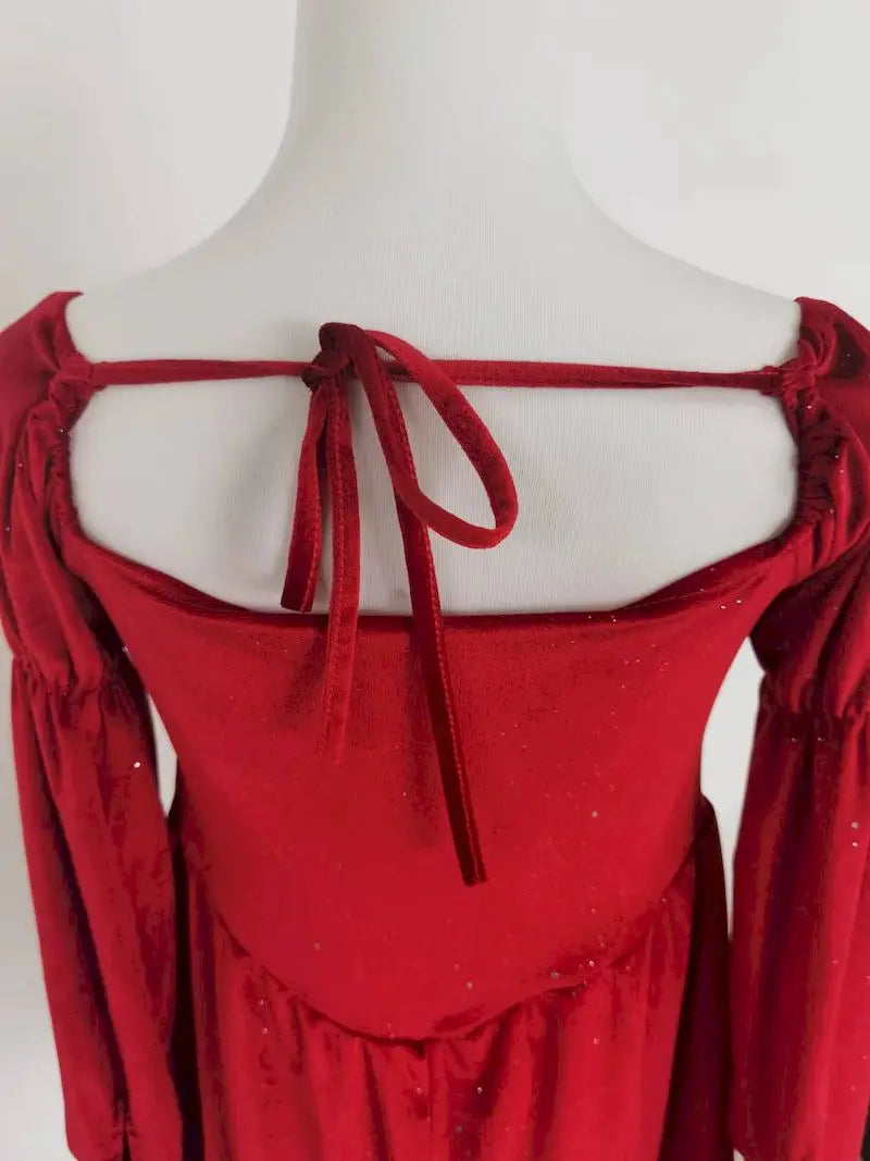 Women's Slim Fit A-line Velvet Dress, Christmas Clothes, Square Collar, Long-sleeved, Red, Sweet, Hot Girl, Autumn Winter