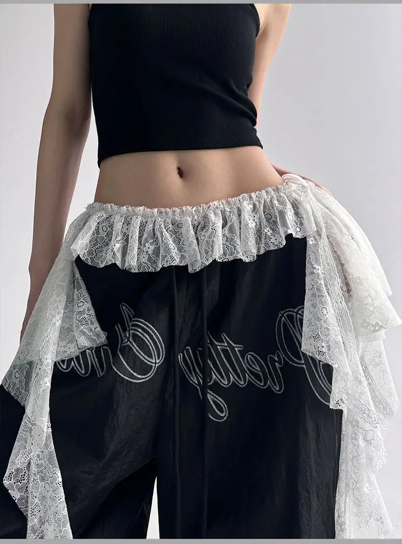 American retro black printed Spice Girls Street Dance Scimitar Pants Women's Loose Design Splicing Summer New Wide Leg Pants