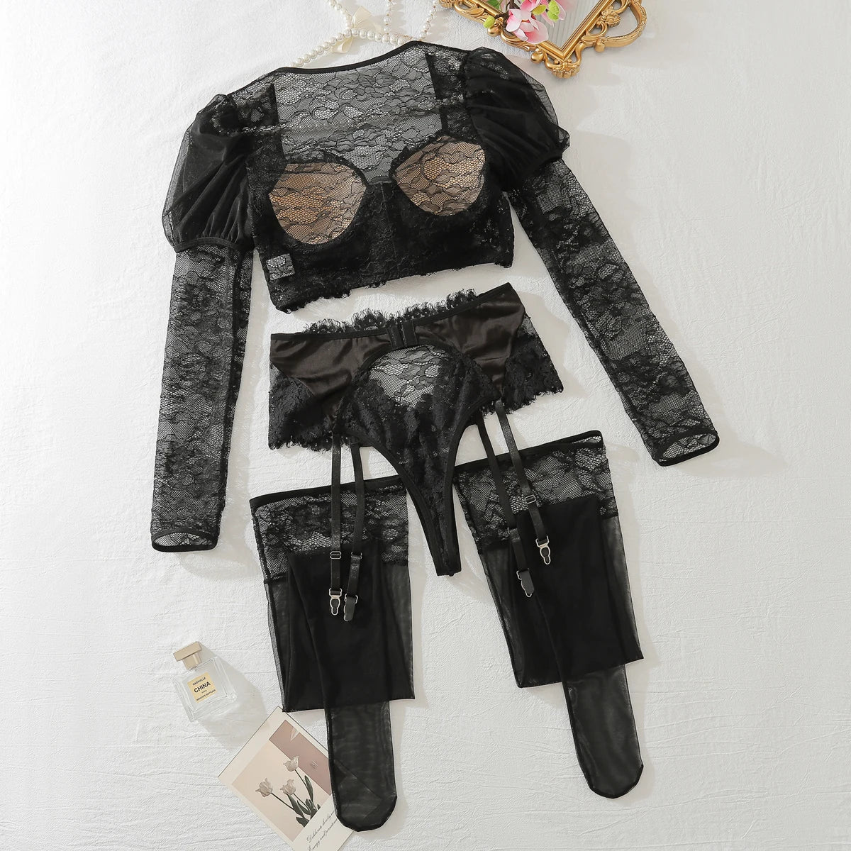 Sexy Ladies Luxury Bra Set Lace Nightclub Hollow See-through Hot Girl Slim Stockings Temptation Erotic Lingerie three-piece Set