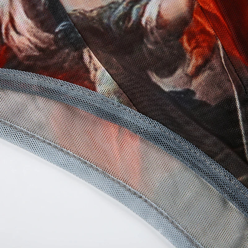 Rockmore  Vintage Printed Mesh Bodysuits Women Lace Bow Square Neck High Waist Wrapping Long Sleeve Bodysuit Halloween Christmas