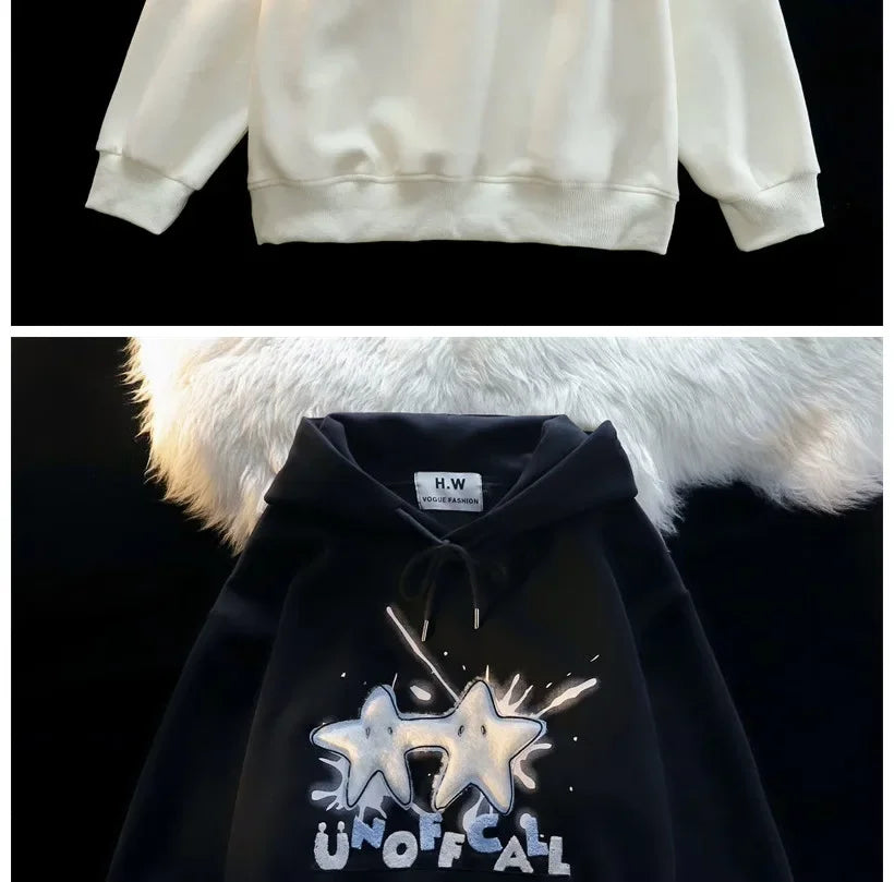 American Style Street Flocking Star Hooded Sweatshirt For Men Women Couple Loose Fit Oversize Spring Autumn Thin Jacket