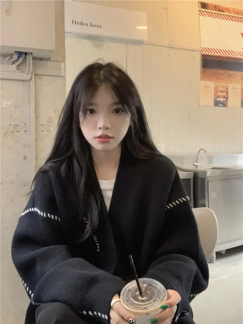 Autumn and Winter Lazy Style V-neck Knitted Sweater Cardigan Women Korean Version Loose Casual All-match Sweater Cardigan Coat