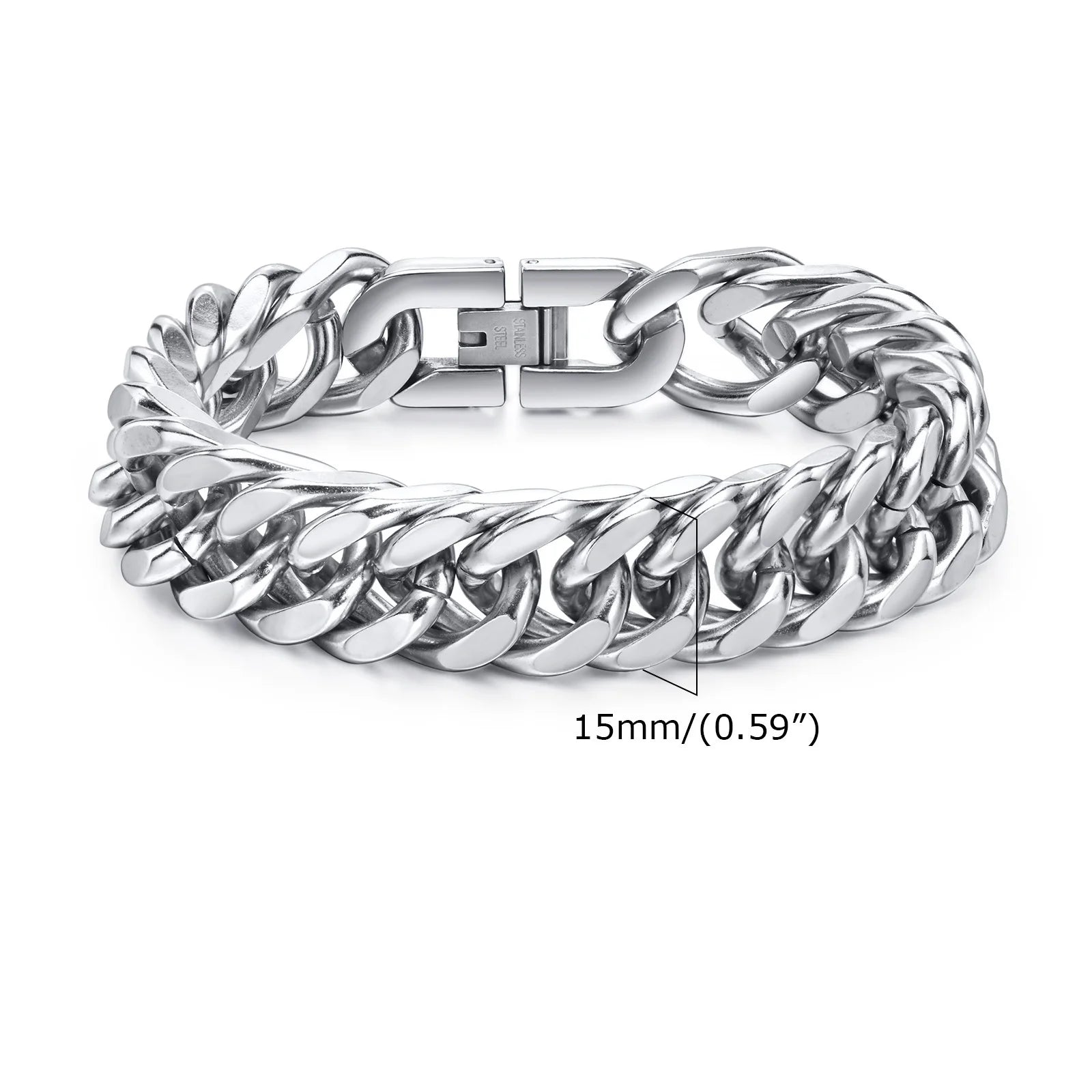 Stylish Double Curb Chain Bracelets for Men Boys,8/10/12/15mm Stainless Steel Miami Link Wristband,Punk Jewelry Gifts