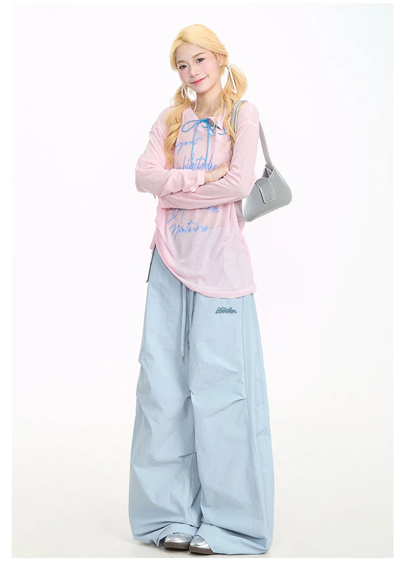 Zoki Streetwear Yellow Cargo Pants Women Vintage Letter High Waist Y2K Wide Leg Trousers High Quality Loose Paratrooper Pants