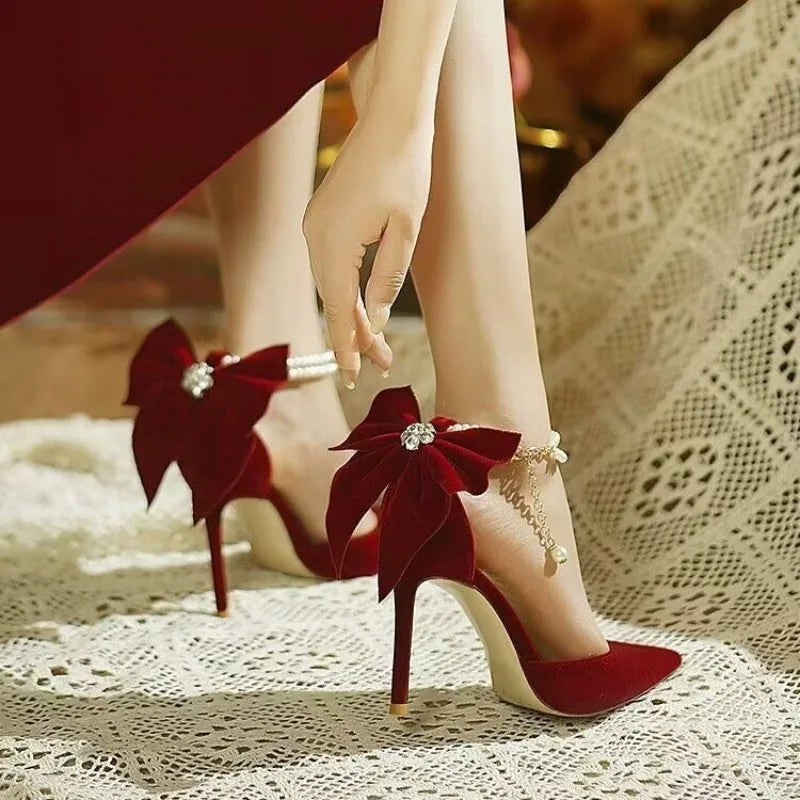 2024 New High Heels Women's Stiletto Heels Fashion Red Chinese Style  Shoes Wedding Shoes Bride  Luxury Shoes
