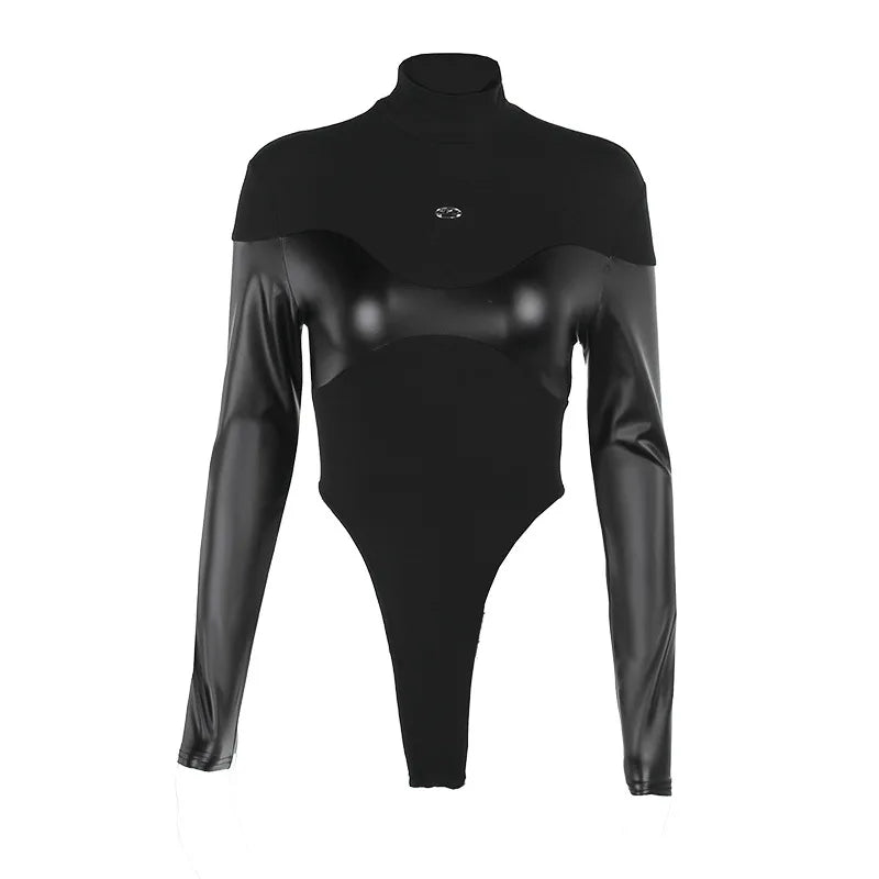 Long Sleeve Bodycon Lenceria Femenina Turtleneck Lingerie Sexy Body Feminino Black Tops Women PU Patchwork One-Pieces Bodysuit