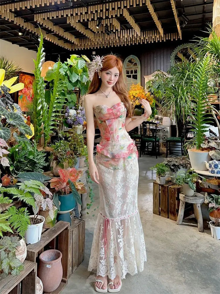 Summer Women Two Piece Set Floral Corset Top and Lace Midi Skirt Elegant Mesh Outfit Slim Fit Vintage French Style Beach Suit