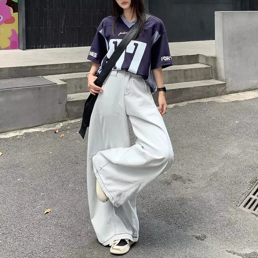 Men's Summer High Waist Straight Leg Jeans Slimming Loose Wide Leg Pants Retro Knife Edge Design Casual Fashion