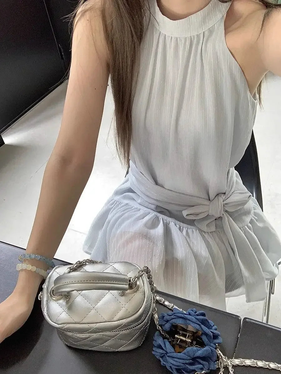 French Style Off-Shoulder Blue Summer Dress Women's Fashion Knot Waist A- Line Mini Skirt Black Short Skirt Sleeveless Gown