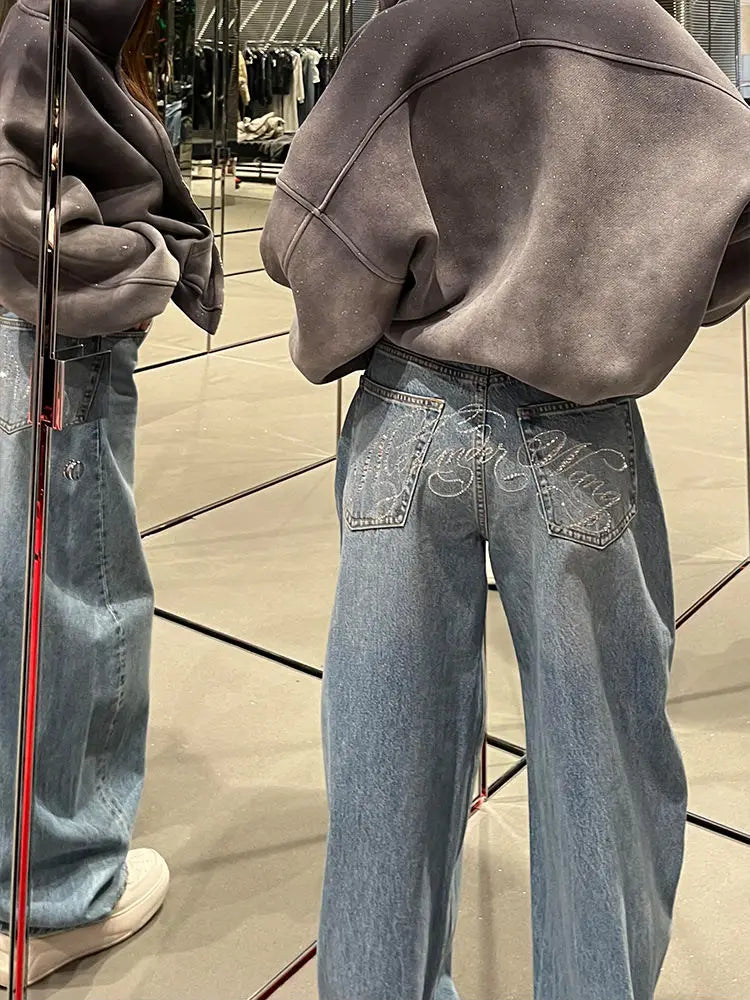 Letter Hot Diamonds High Waited Jeans Woman Street Fashion Baggy Jeans Women Clothing Casual Versatile Pants Women