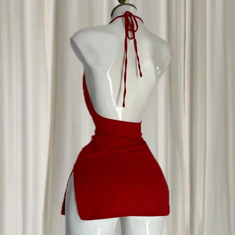 Red V Neck Backless Bandage Dress Elegant Irregular Slim Sweet Korean Women Mini Dresses 2025 New Fashion Nightclub Sexy Girl