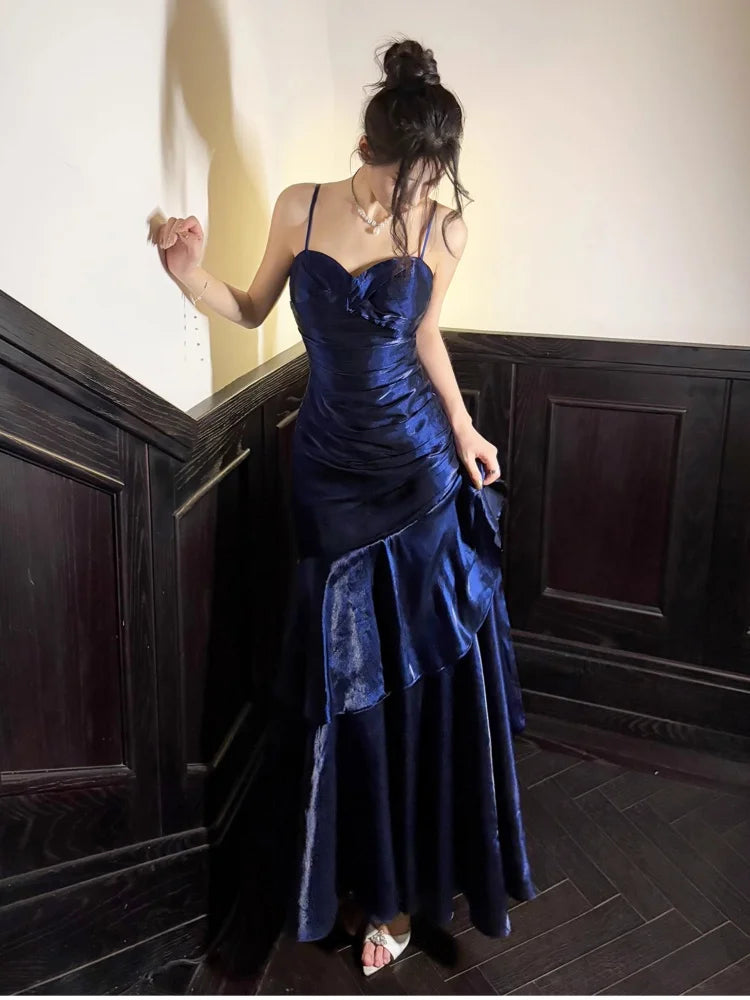 Elegant Romantic Party Women's Spaghetti Strap Dress Female Blue Ruffles Slim Fit Mermaid Dresses Chic Banquet Formal Gown