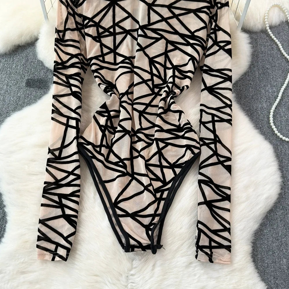 Foamlina Sexy Hollow Out Mesh Bodysuits for Women Fashion Striped Print Stand Collar Long Sleeve Slim Fit Club Party Jumpsuits