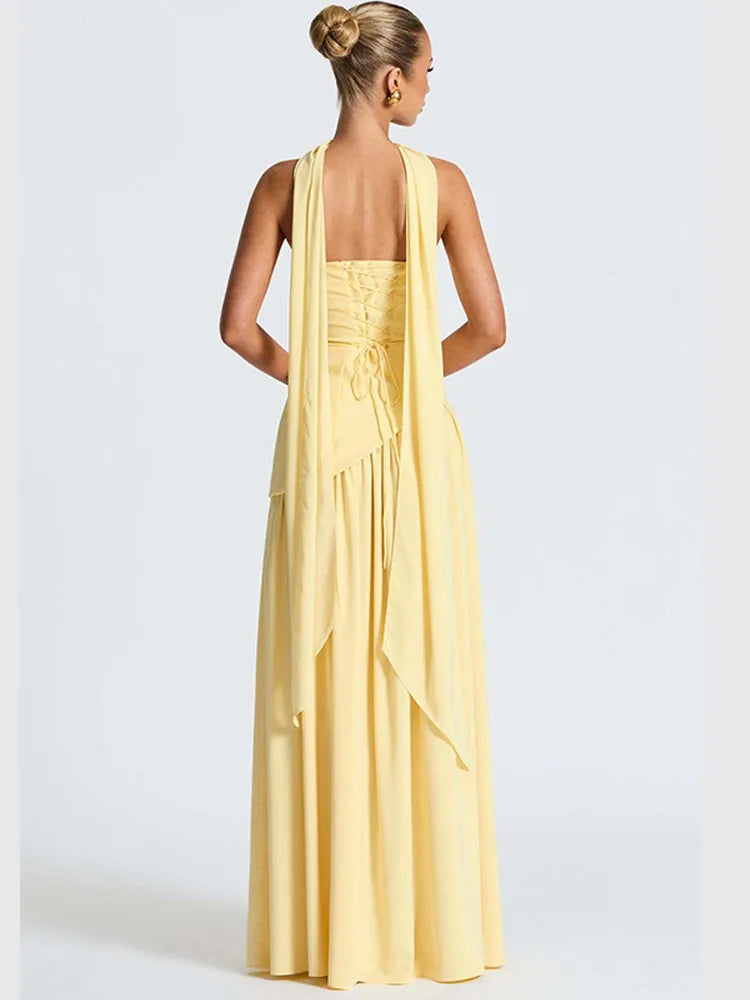Butter Yellow Scarf Neck Split Long Dress Women Elegant Strapless Slim Fit High Waist Vestidos 2025 Lady Evening Party Gowns New