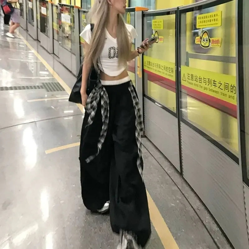 Y2K Black Cargo Pants Women Streetwear Plaid Patchwork Baggy Sweatpants Harajuku Wide Leg Joggers Summer Korean Casual Trousers