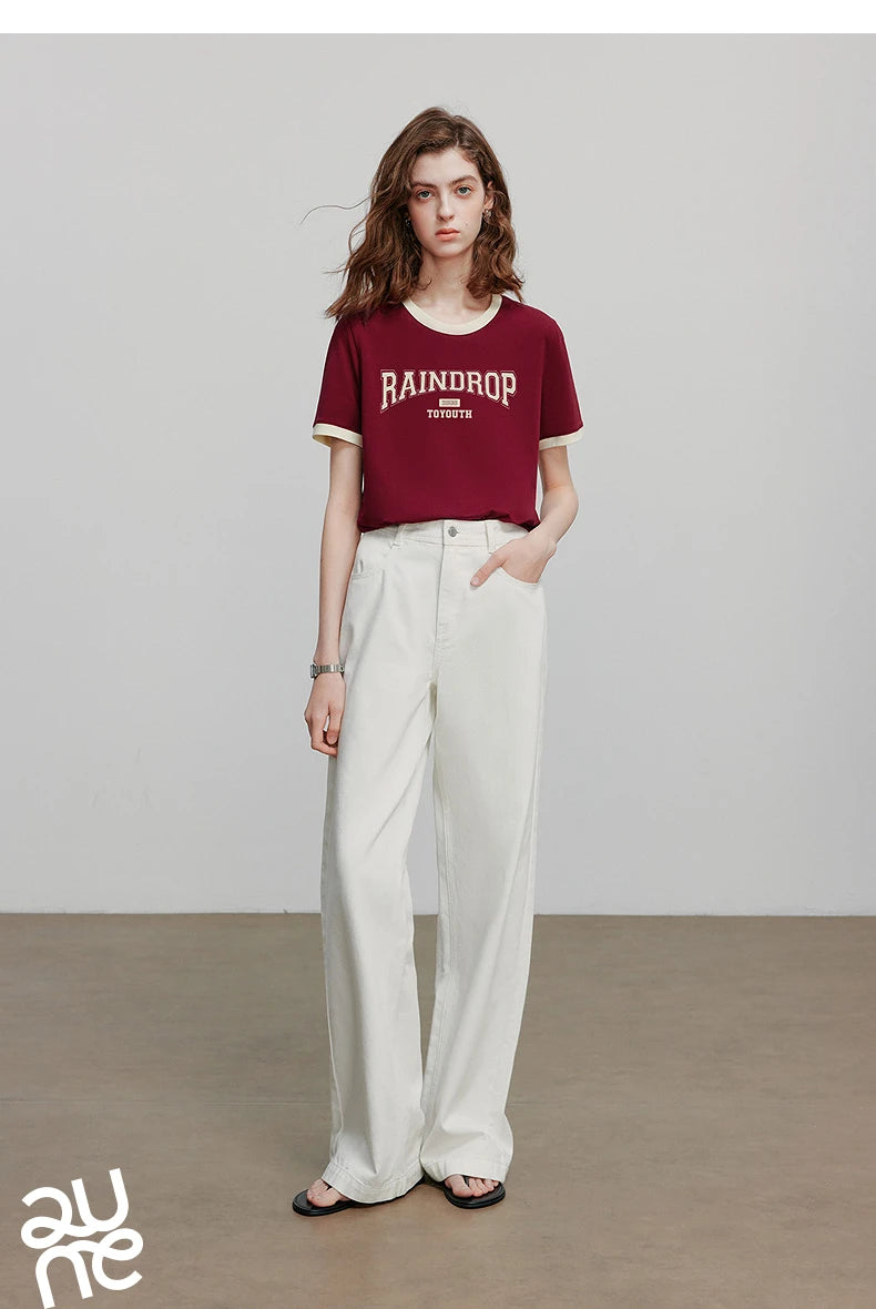 TOYOUTH Women Short Sleeve T shirt 2025 Summer New Color Blocked Letter American Style Antibacterial Cotton Tops GT5210004