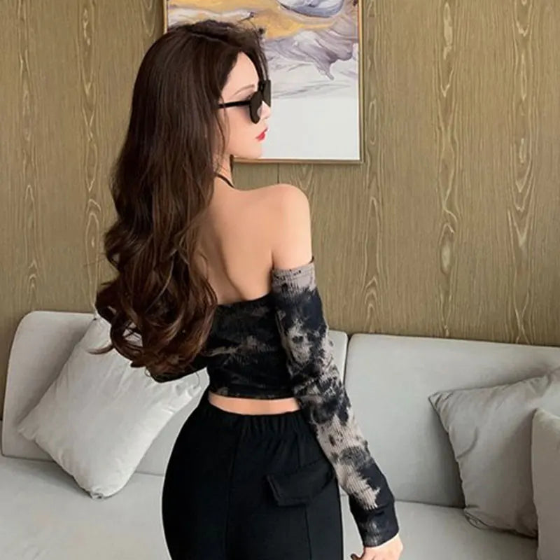 Tie-dye Long-sleeved T-shirt Women Slimming One-word Neck Off Shoulder Halter Short Top Summer Y2K Goth Backless Sexy Crop Tops
