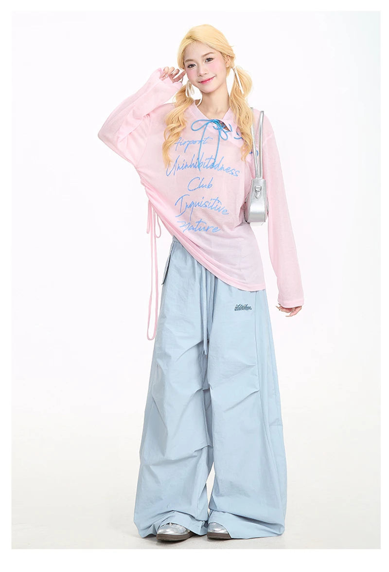 Zoki Streetwear Yellow Cargo Pants Women Vintage Letter High Waist Y2K Wide Leg Trousers High Quality Loose Paratrooper Pants