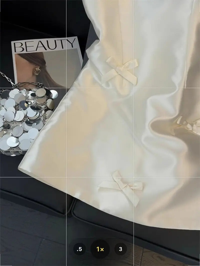 Women Elegant Mini Dress Satin Bow Decor Sleeveless Square Neck Slim Fit Suit French Style Party Club Night Summer Outfit