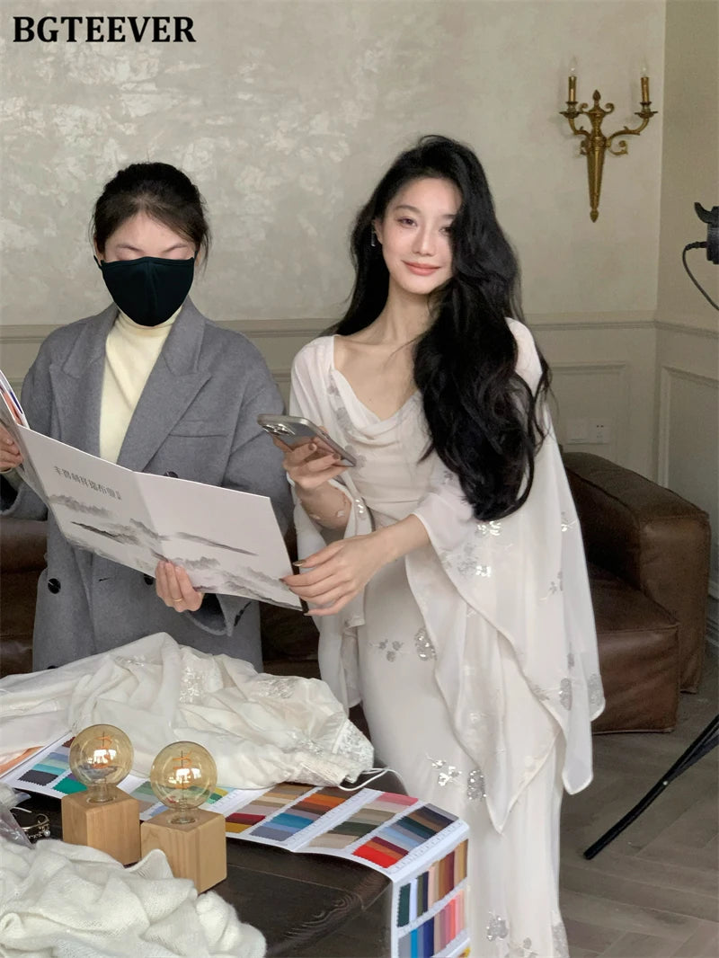 BGTEEVER Autumn Winte Slim OL Embroidery Set Long Sleeve Cardigans & Spaghetti Strap Package Hip Dress Ladies 2 Pieces Set