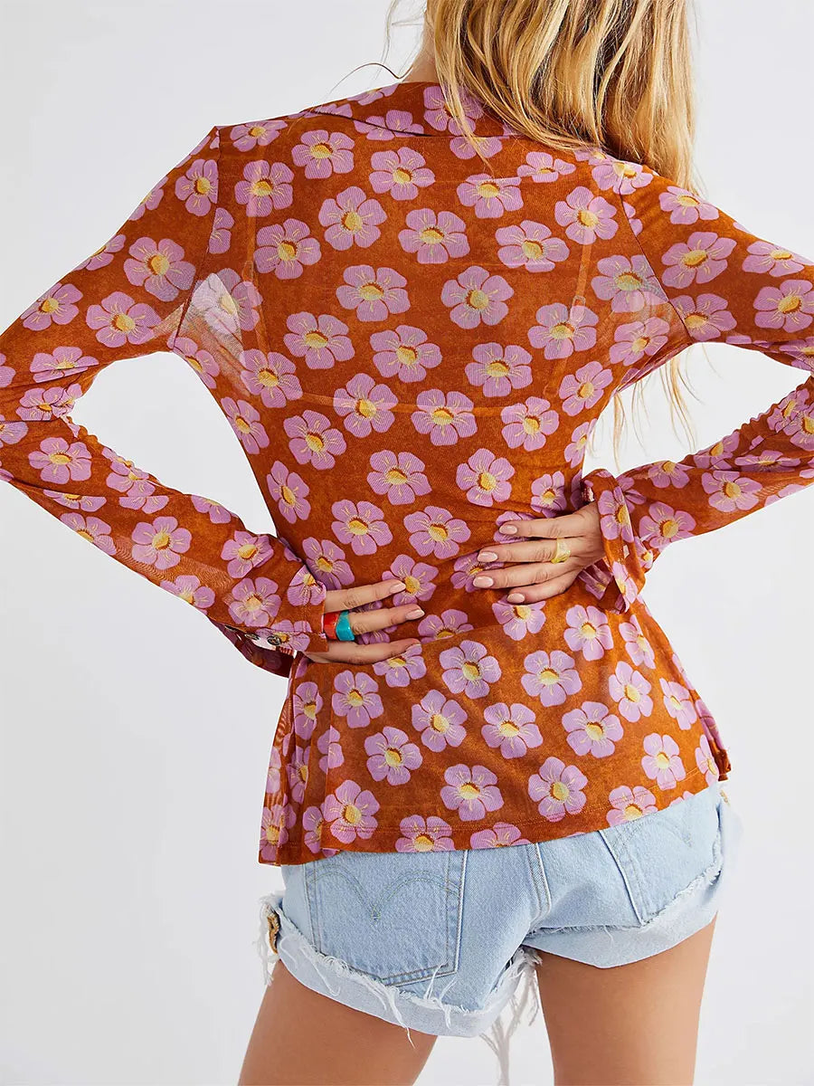 Y2k Women Retro Floral Print Shirts V Neck Long Sleeve Ruched Blouses Button Down Slim Fit Crop Tops Fairy Grunge Streetwear