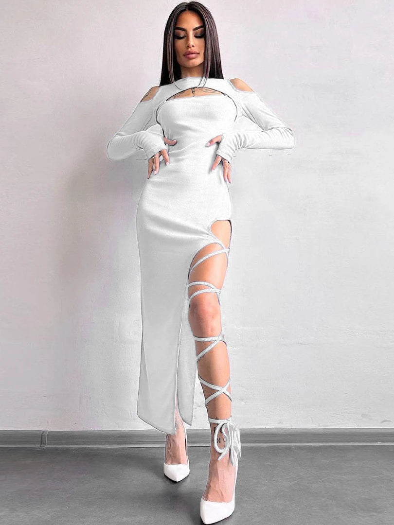 Hugcitar Long Sleeve Solid Hollow Out Slit Lace Up Elegant Sexy Bodycon Maxi Prom Dress 2023 Fall Women Birthday Party Outfit "