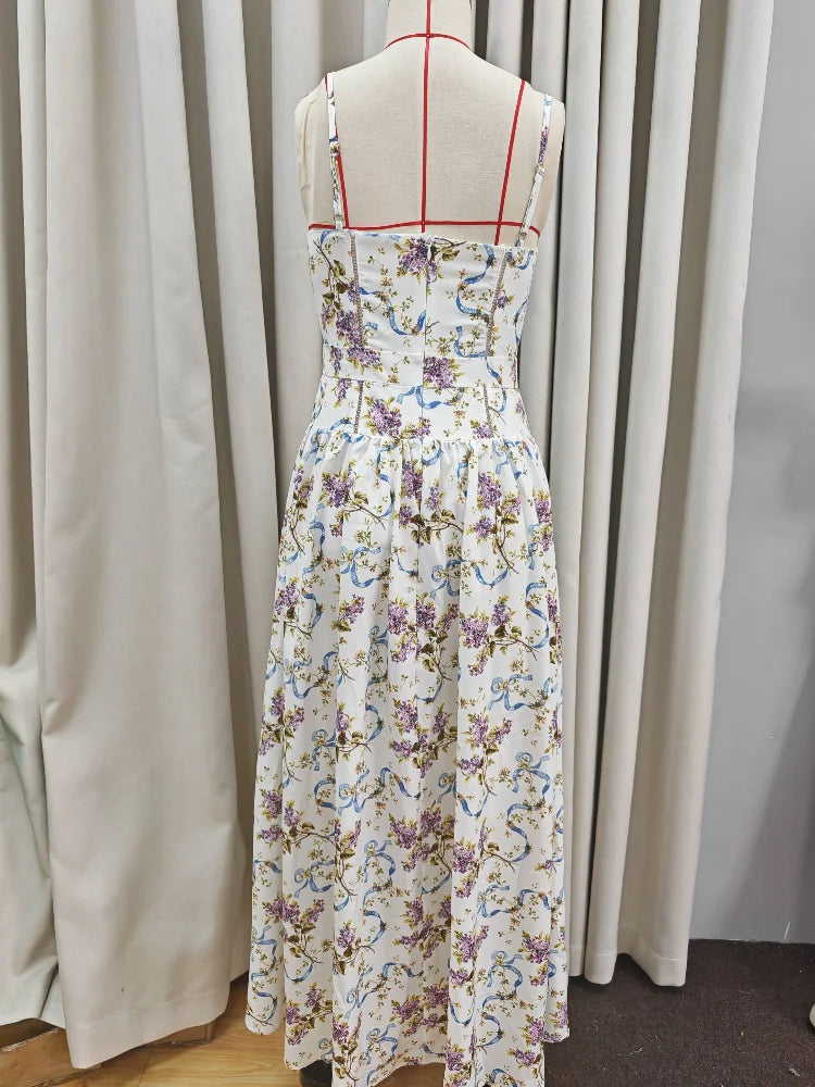 Chic Flower Print A-line Maxi Dress Women Elegant High Waist Strapless Backless Slim Vestidos 2025 Lady Summer Vacation Robes