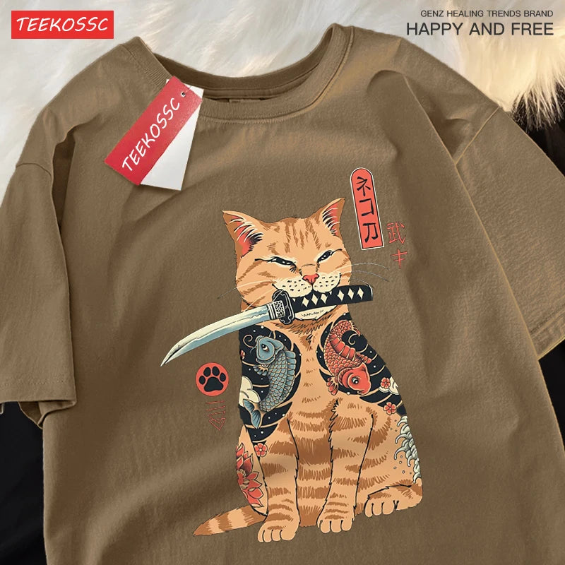 Japanese Harajuku Samurai Sword Cat T-Shirt Men Women Casual Tee Clothes Cotton Summer Tops Breathable Oversized T-Shirts Couple