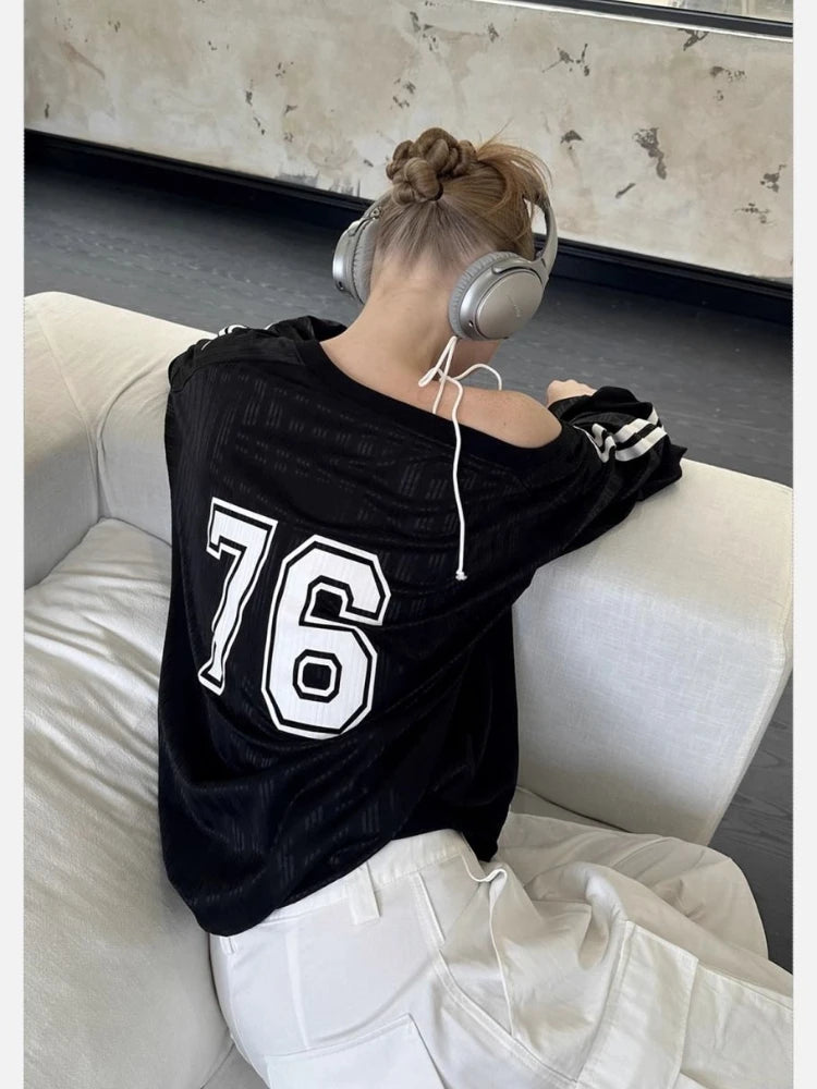 HOUZHOU Y2k Vintage Women Sweatshirts Sloping Shoulder Letter Printed Long Sleeve American Retro Hoodies Loose Gyaru Streetwear