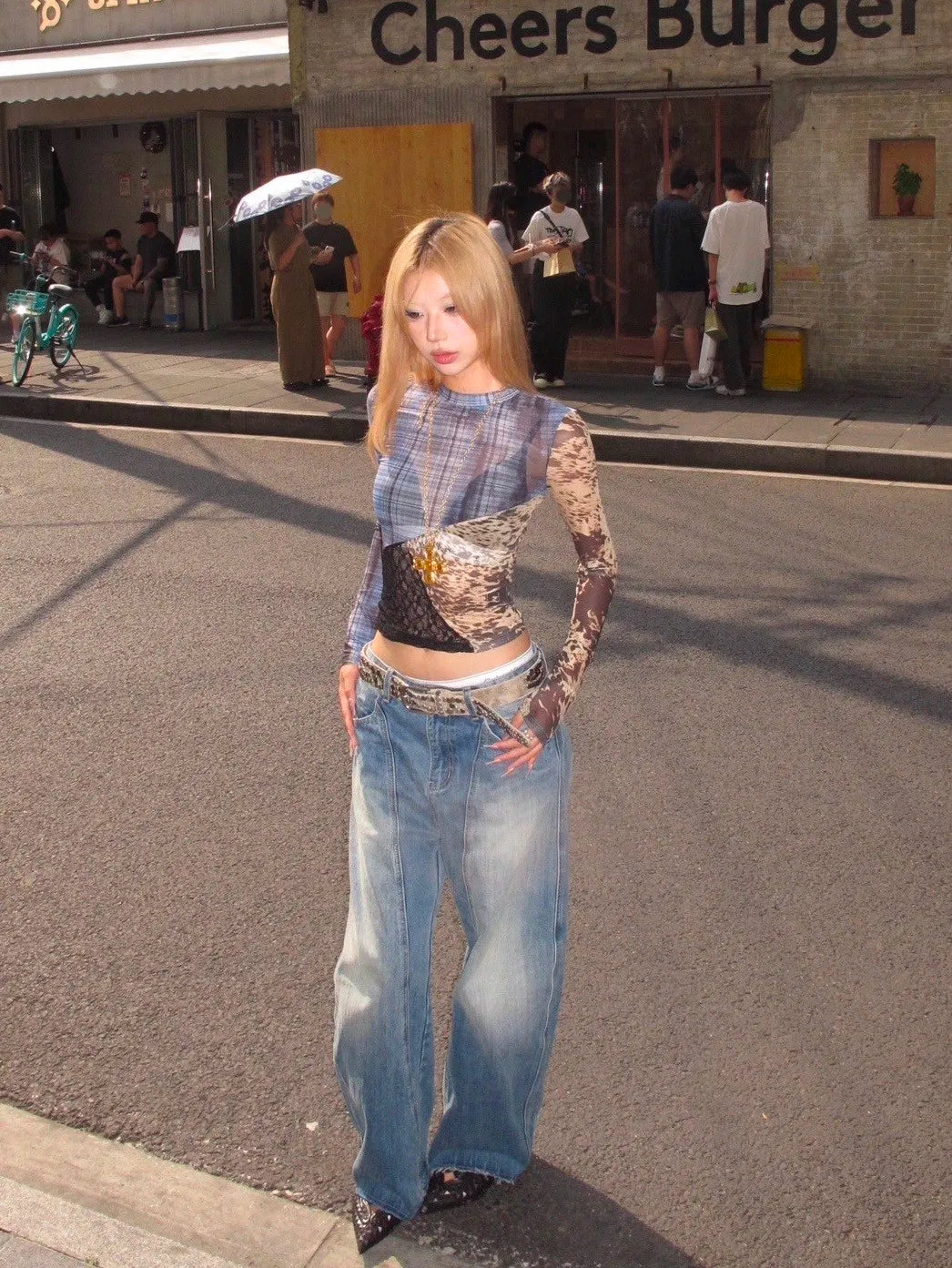 Karrram Japanese Y2k Patchwork Mesh Tops Trashy 2000s Lace Sheer Top Grunge Aesthetics Irregular T-shirt Vintage Harajuku Korean