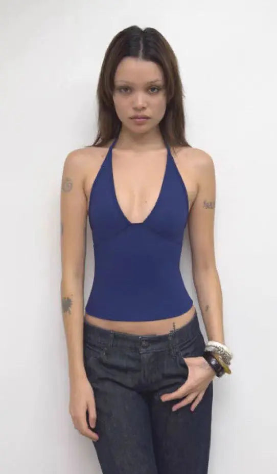 tank summer triangular cup neck hanging V-neck vest, same as Hailey's suspender, Dip halter, low cut, backless top women