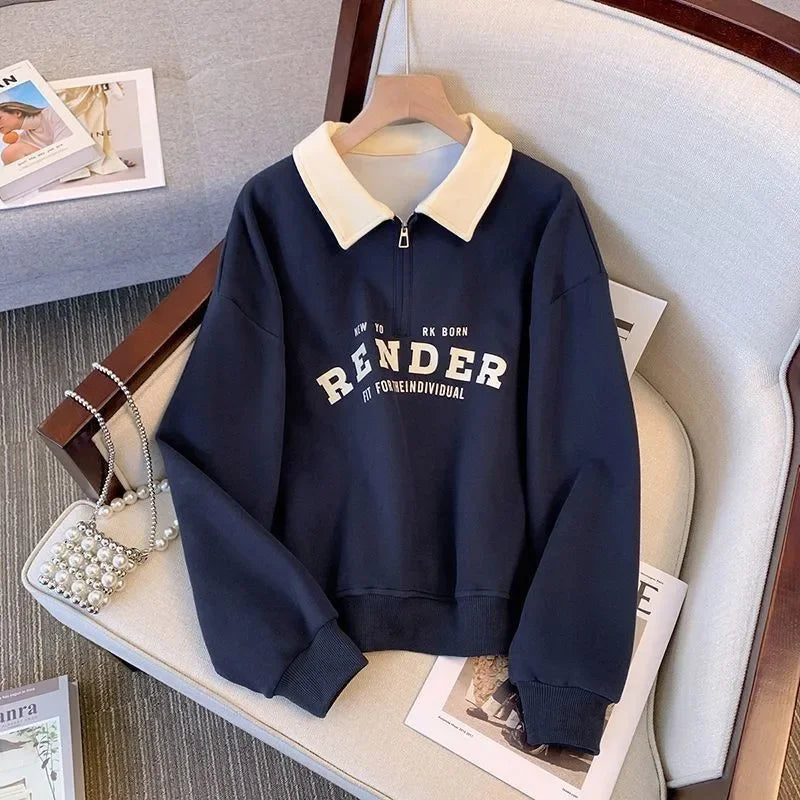 Women's Polo Collar Sweatshirt 2024 Spring Autumn New Color Block Long Sleeve Thin Style Student Top Jacket Foreign Trade