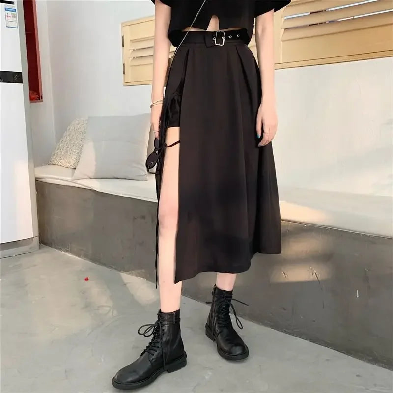 Vintage Dark Gothic High Split Mid-Calf Skirts Women Elegant Fashion Party Club High Waist Femme Bottom Streetwear Goth Skirt